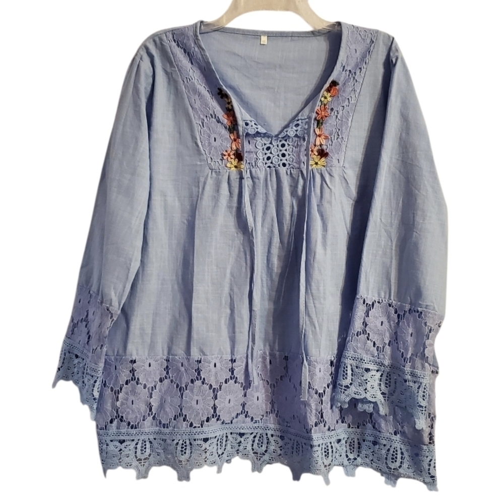 NWOT Boutique Women's Blue Crochet Lace Trim Tunic Top XXL